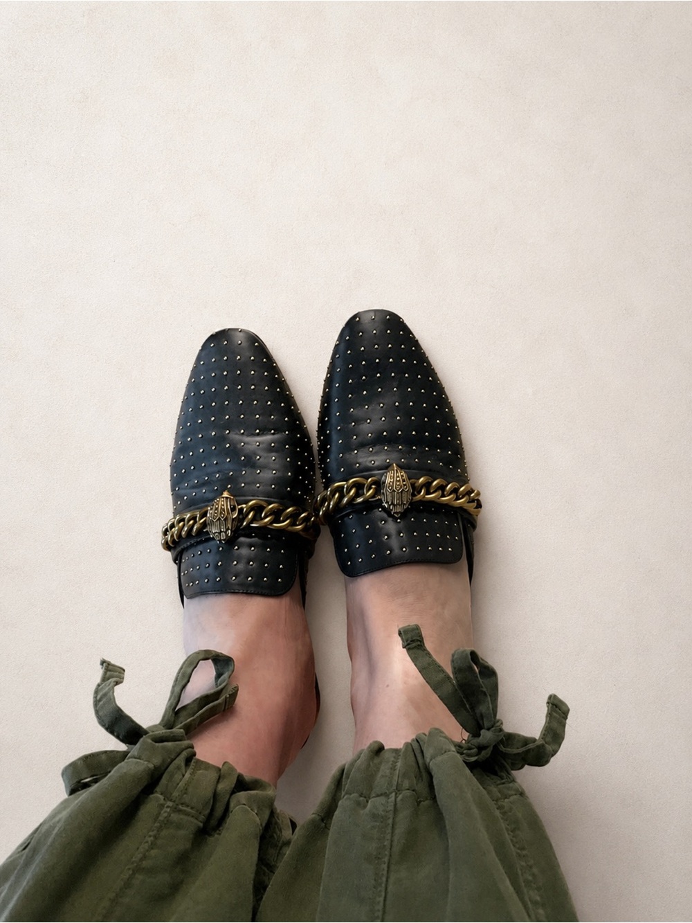 Kurt Geiger Black Studded Leather Chain-Trim Mules